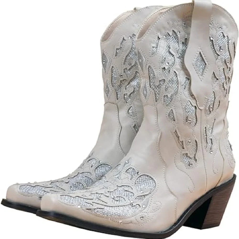 Beige and Silver Rhinestone and Sequin Glitter Cowgirl Western Boots Size US 10